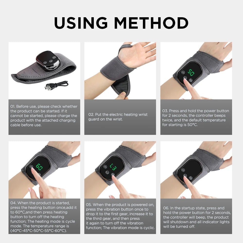 Electric Heating Wrist Guard Vibration Massage 5 Levels Hot Compress Wrist Brace Protector Wrap Rechargeable Heating Wristband
